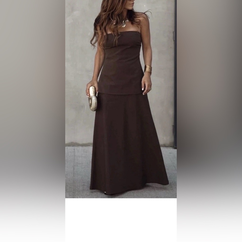 ZARA $119 NWT  COLLECTION STRAPLESS MIDI DRESS BROWN LINEN BLEND sz L